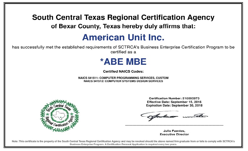 2016 American Unit SCTRCA Certificate